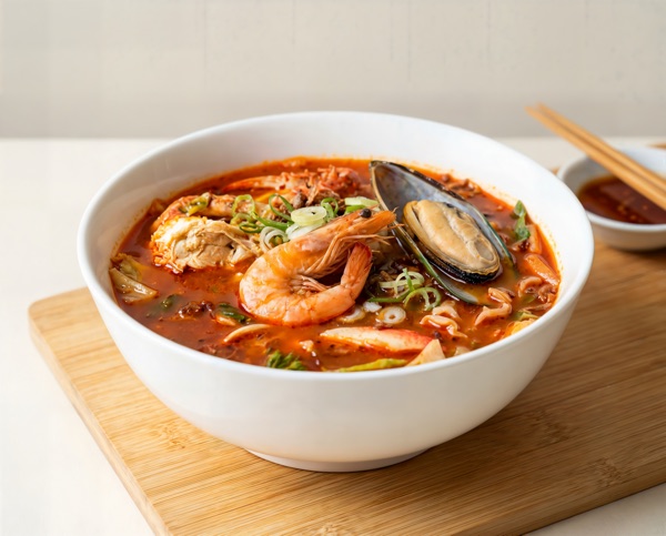 Jjambbong Pho · Korean-style wok-fired chili chicken broth with prawns, mussels, crab, and squid over rice noodles